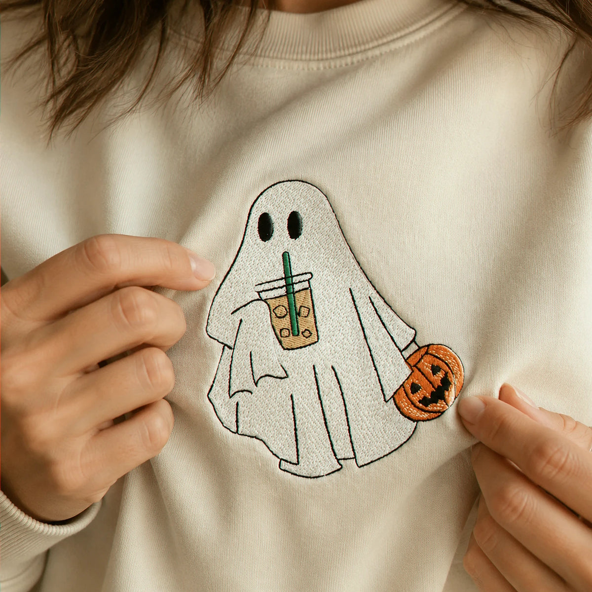 Ghost with Coffee Sweatshirt, Embroidered Cute Ghost Halloween Gift