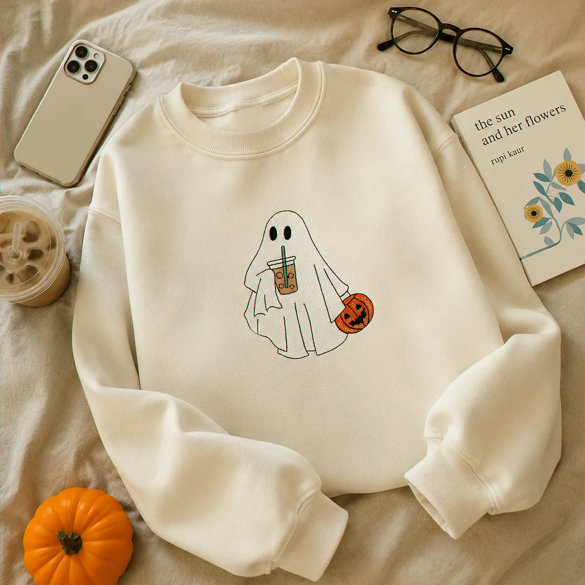 Ghost with Coffee Sweatshirt, Embroidered Cute Ghost Halloween Gift