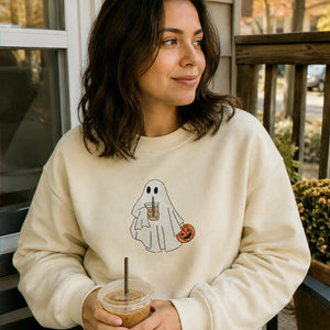 Ghost with Coffee Sweatshirt, Embroidered Cute Ghost Halloween Gift