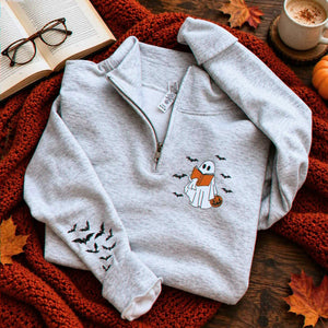 Book Lover Halloween Sweatshirt Quarter Zip, Embroidered Ghost Reader Crewneck, Fall Reader Gift