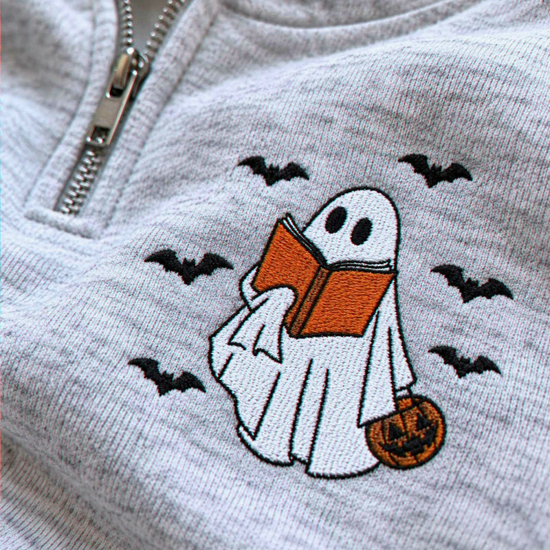 Book Lover Halloween Sweatshirt Quarter Zip, Embroidered Ghost Reader Crewneck, Fall Reader Gift