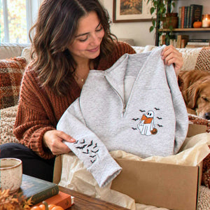 Book Lover Halloween Sweatshirt Quarter Zip, Embroidered Ghost Reader Crewneck, Fall Reader Gift