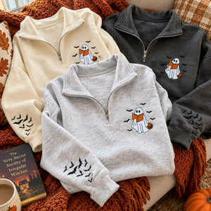 Book Lover Halloween Sweatshirt Quarter Zip, Embroidered Ghost Reader Crewneck, Fall Reader Gift
