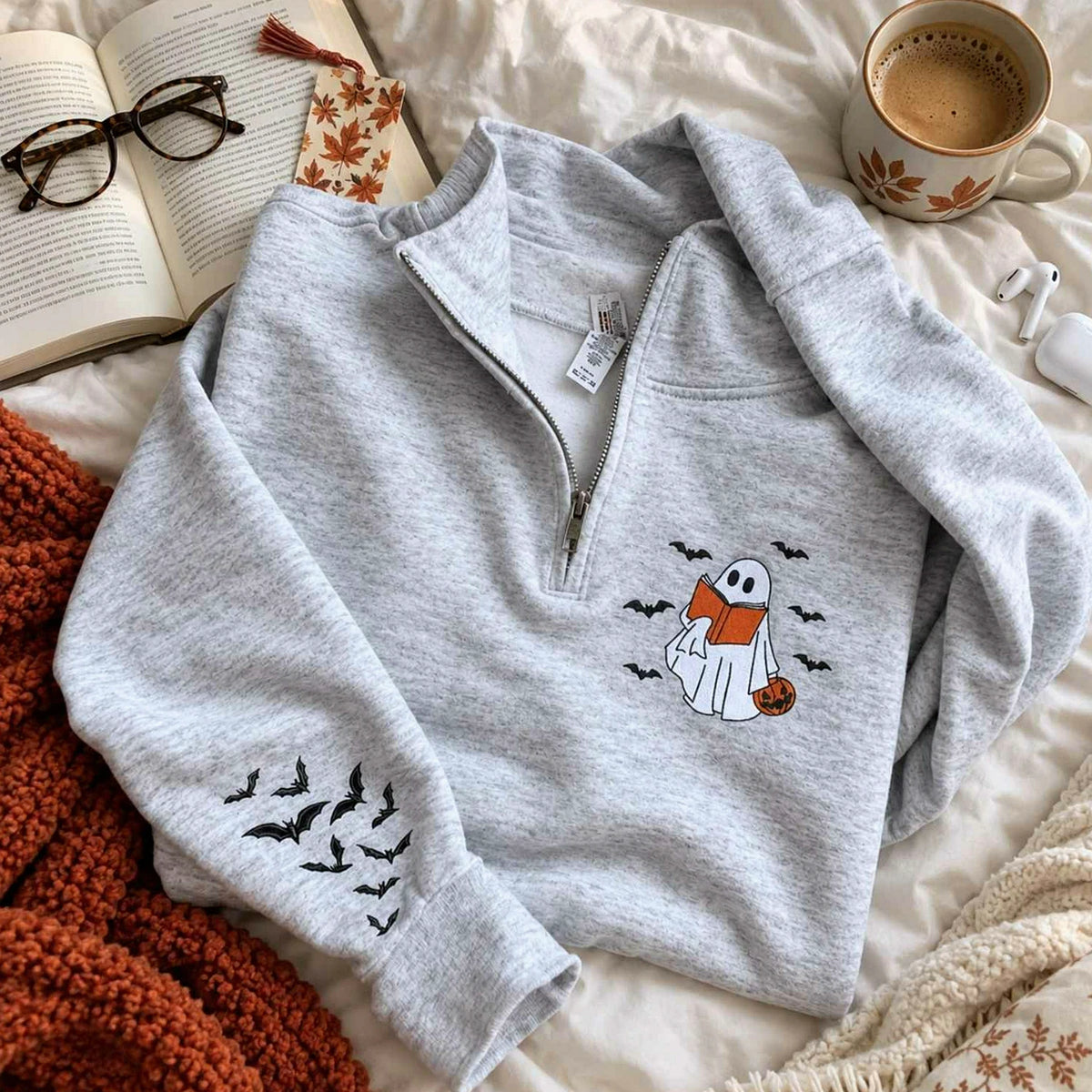 Book Lover Halloween Sweatshirt Quarter Zip, Embroidered Ghost Reader Crewneck, Fall Reader Gift
