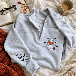 Book Lover Halloween Sweatshirt Quarter Zip, Embroidered Ghost Reader Crewneck, Fall Reader Gift