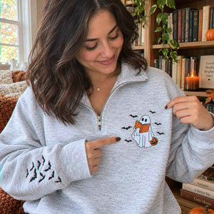 Book Lover Halloween Sweatshirt Quarter Zip, Embroidered Ghost Reader Crewneck, Fall Reader Gift
