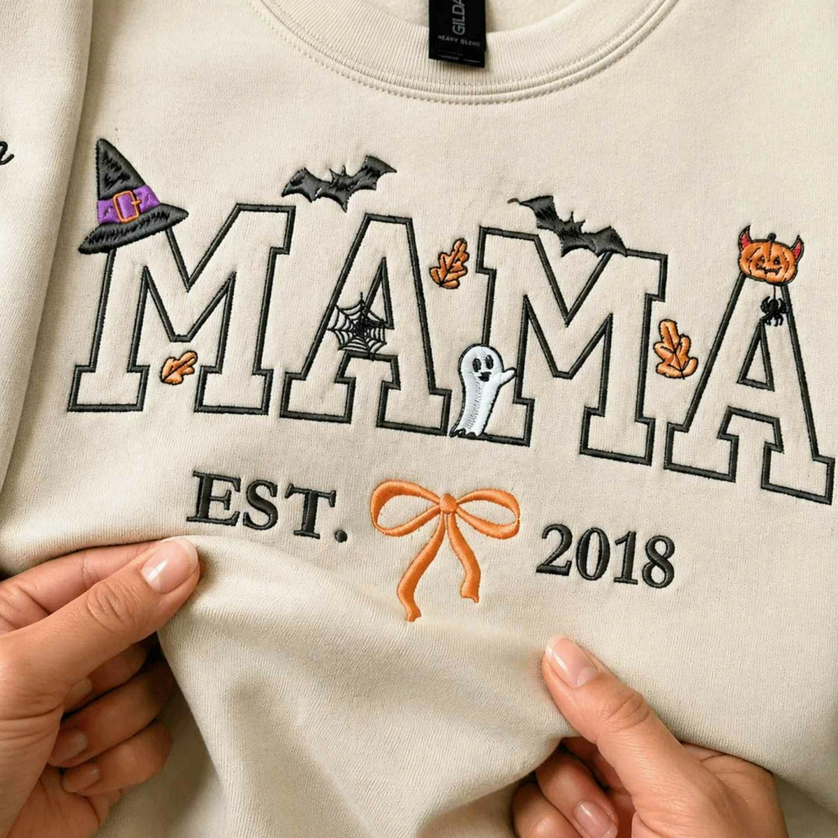 Custom Mama Halloween Sweatshirt with EST, Coquette Bow on Chest, Embroidered Halloween Gift for Her