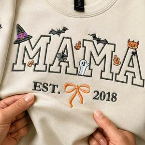 Custom Mama Halloween Sweatshirt with EST, Coquette Bow on Chest, Embroidered Halloween Gift for Her