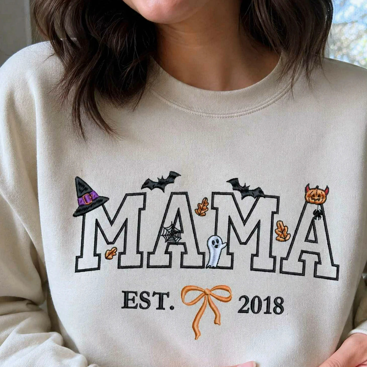 Custom Mama Halloween Sweatshirt with EST, Coquette Bow on Chest, Embroidered Halloween Gift for Her