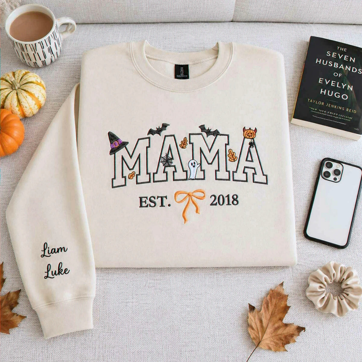 Custom Mama Halloween Sweatshirt with EST, Coquette Bow on Chest, Embroidered Halloween Gift for Her