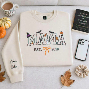 Custom Mama Halloween Sweatshirt with EST, Coquette Bow on Chest, Embroidered Halloween Gift for Her