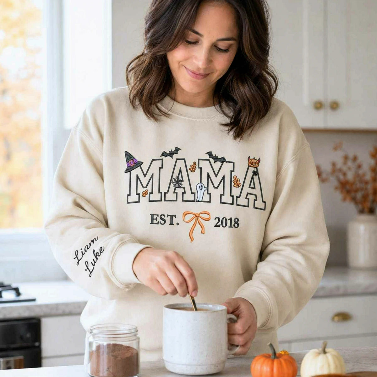 Custom Mama Halloween Sweatshirt with EST, Coquette Bow on Chest, Embroidered Halloween Gift for Her