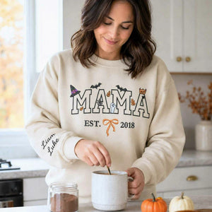 Custom Mama Halloween Sweatshirt with EST, Coquette Bow on Chest, Embroidered Halloween Gift for Her