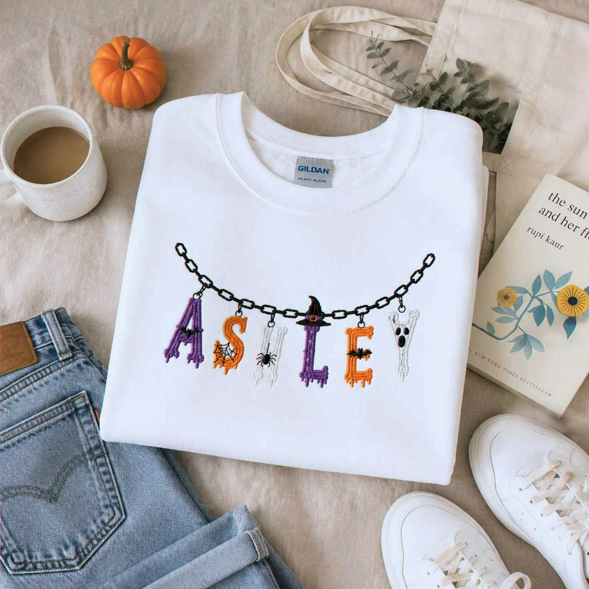 Custom Halloween Name Sweatshirt, Embroidered Spooky Name Crewneck, Halloween Charm Fall Gift