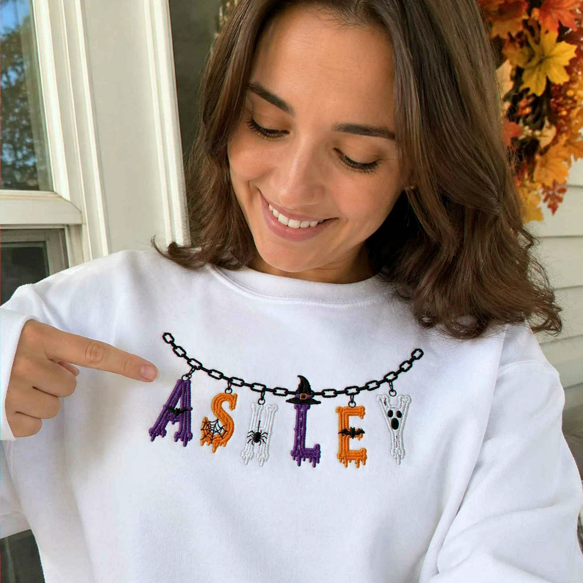 Custom Halloween Name Sweatshirt, Embroidered Spooky Name Crewneck, Halloween Charm Fall Gift