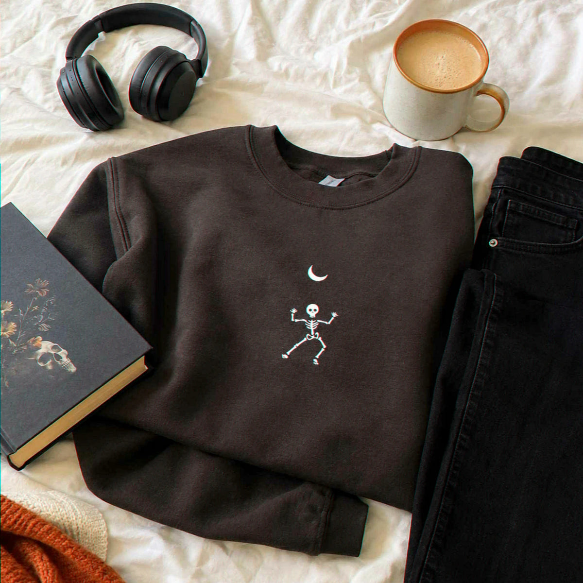 Dancing Skeleton Crewneck, Embroidered Halloween Sweatshirt, Hoodie