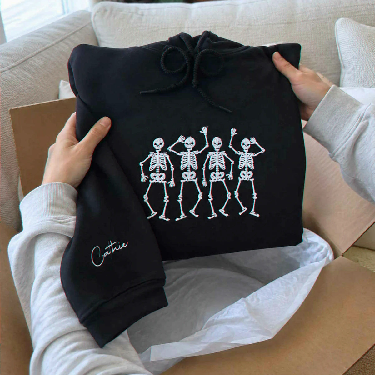 Embroidered Dancing Skeletons Sweatshirt, Spooky Halloween Gift