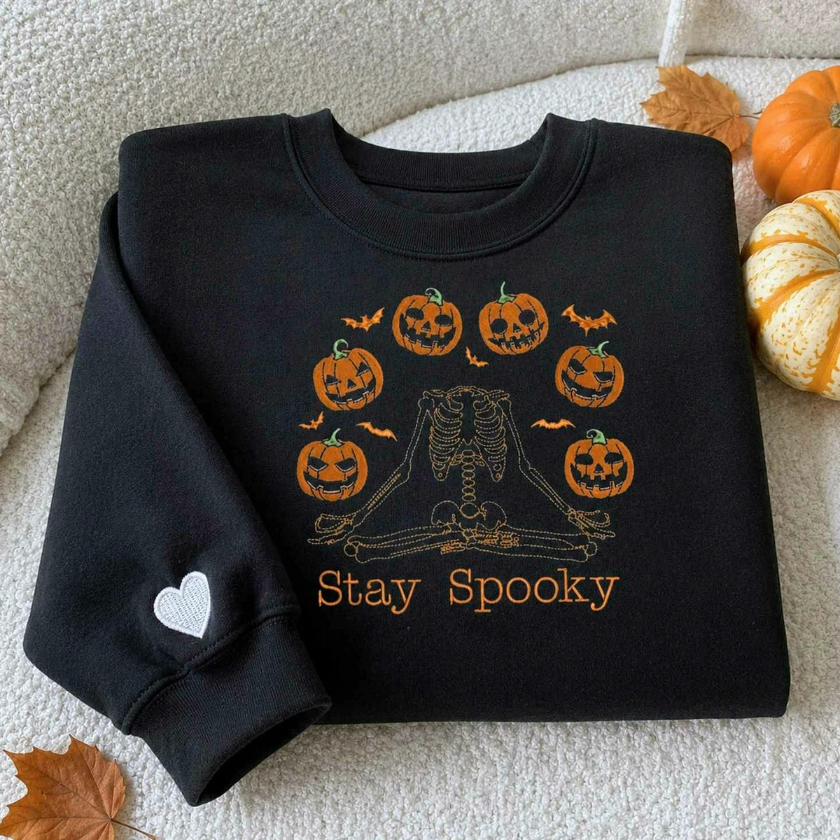 Halloween Stay Spooky Pumpkin Sweatshirt, Embroidered Skeleton Hoodie