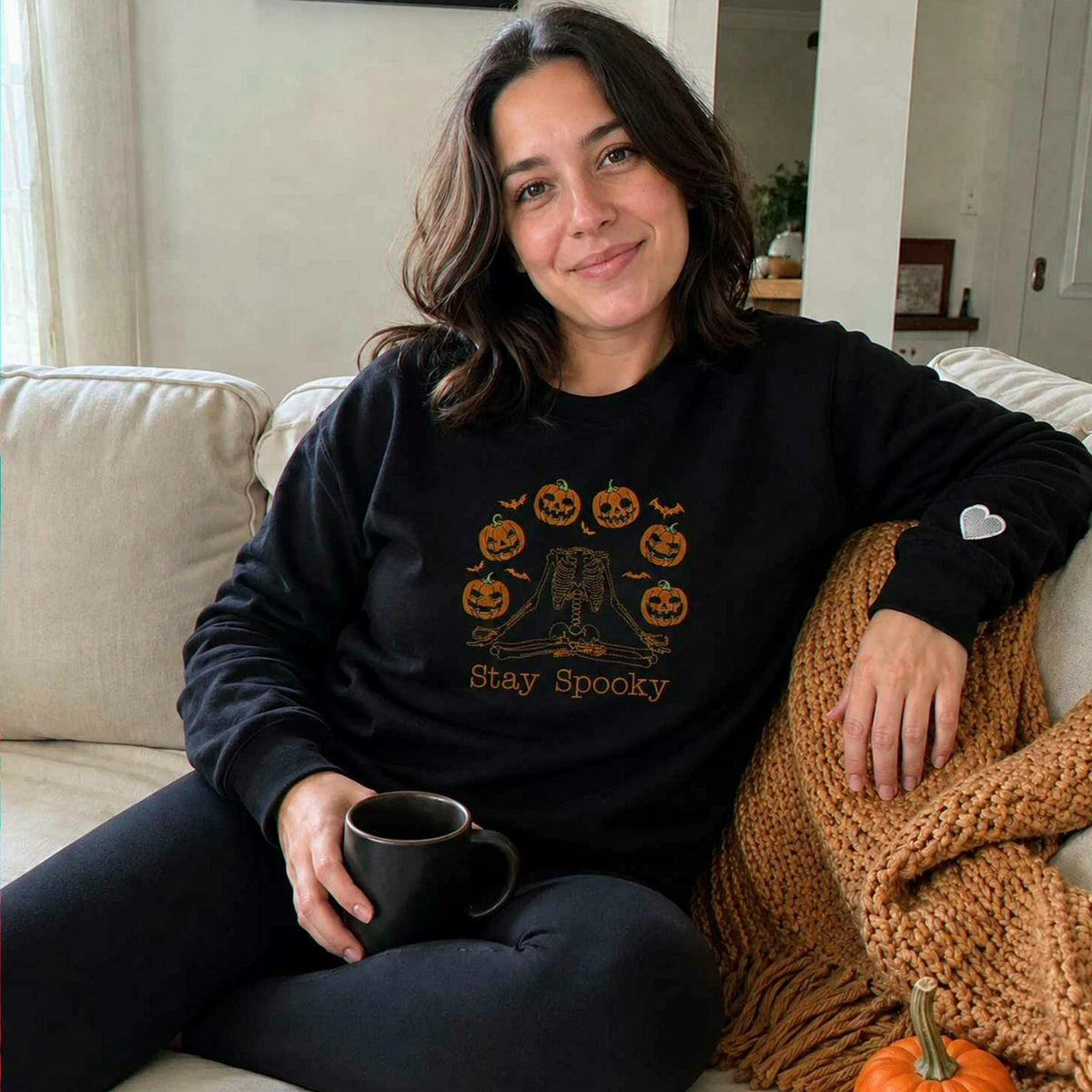 Halloween Stay Spooky Pumpkin Sweatshirt, Embroidered Skeleton Hoodie