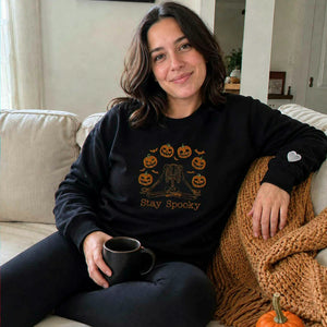 Halloween Stay Spooky Pumpkin Sweatshirt, Embroidered Skeleton Hoodie