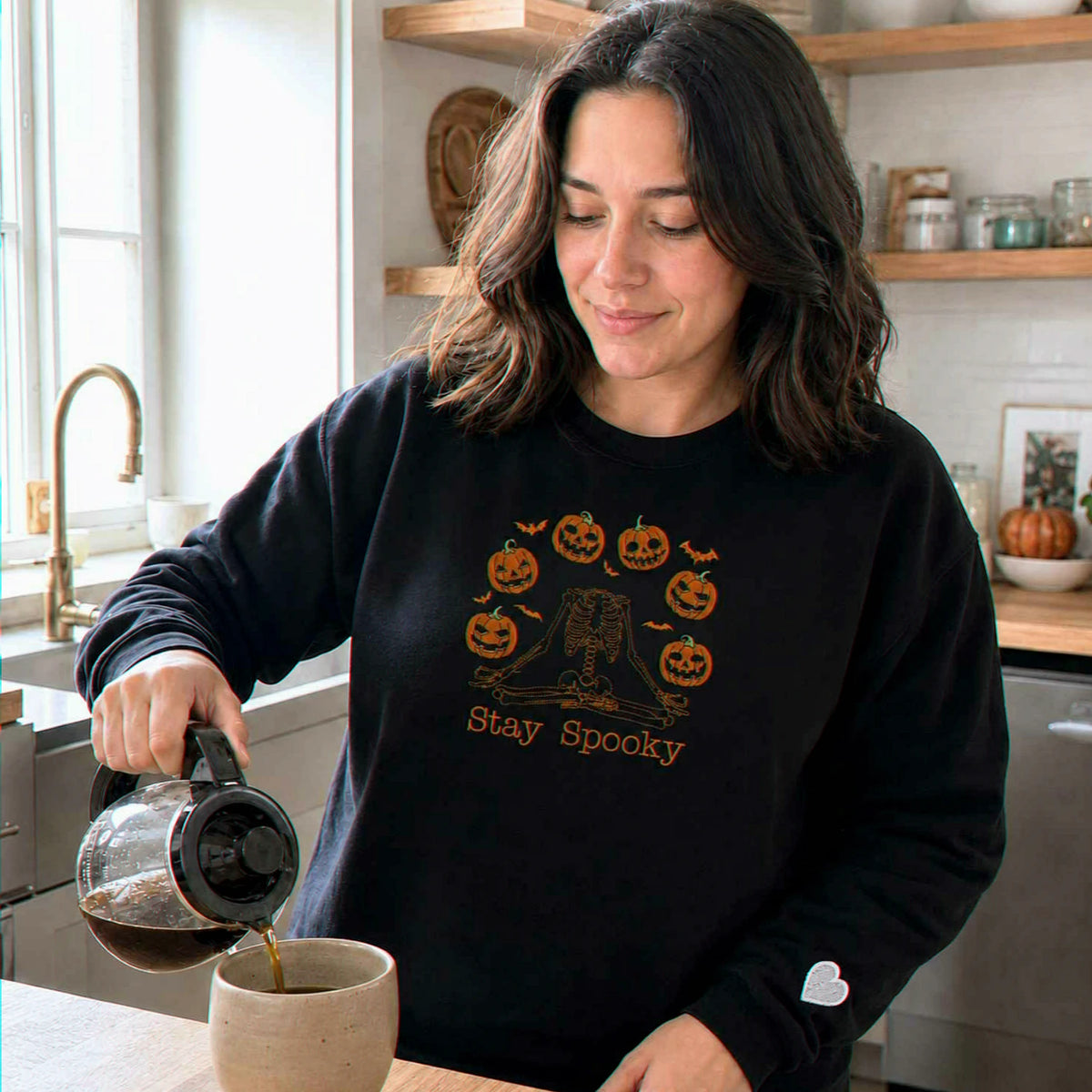 Halloween Stay Spooky Pumpkin Sweatshirt, Embroidered Skeleton Hoodie