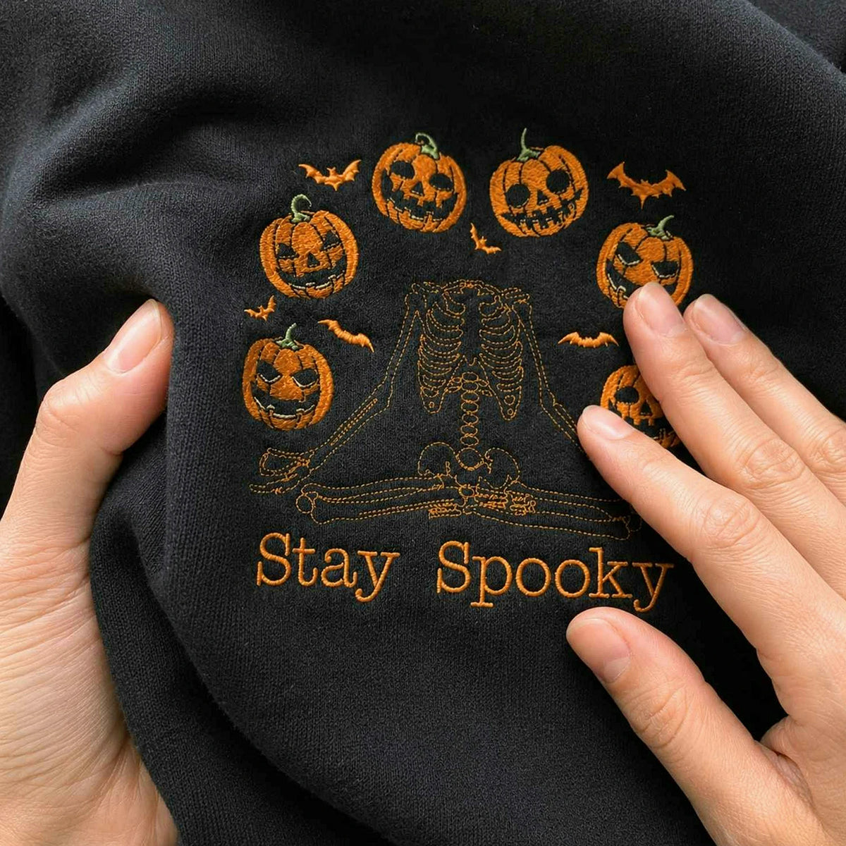 Halloween Stay Spooky Pumpkin Sweatshirt, Embroidered Skeleton Hoodie