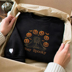 Halloween Stay Spooky Pumpkin Sweatshirt, Embroidered Skeleton Hoodie