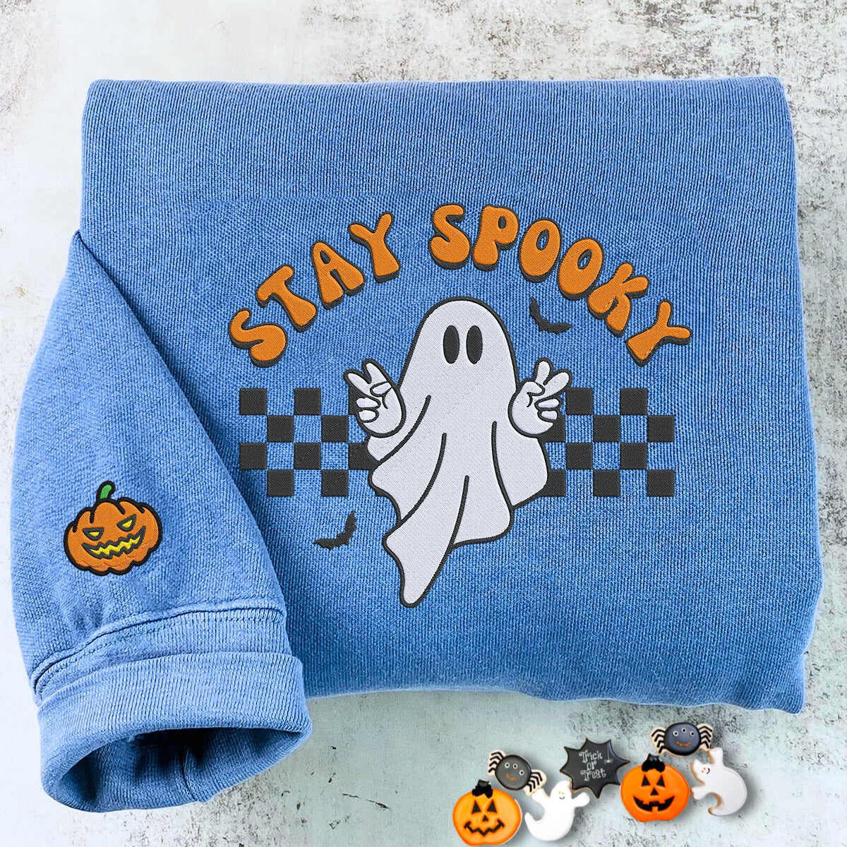 Comfort Color® Embroidered Ghost Stay Spooky Halloween T-Shirt or Sweatshirt - Embroly