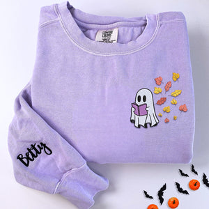 Comfort Color® Embroidered Halloween Ghost Book Lover T-Shirt or Sweatshirt - Embroly