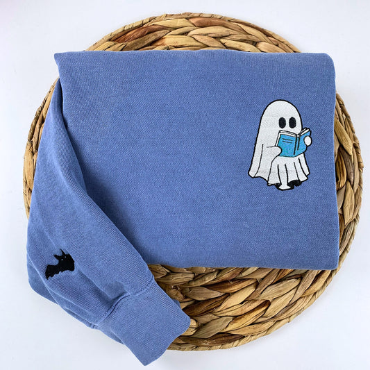 Comfort Color® Embroidered Halloween Ghost Book Lover T-Shirt or Sweatshirt - Embroly