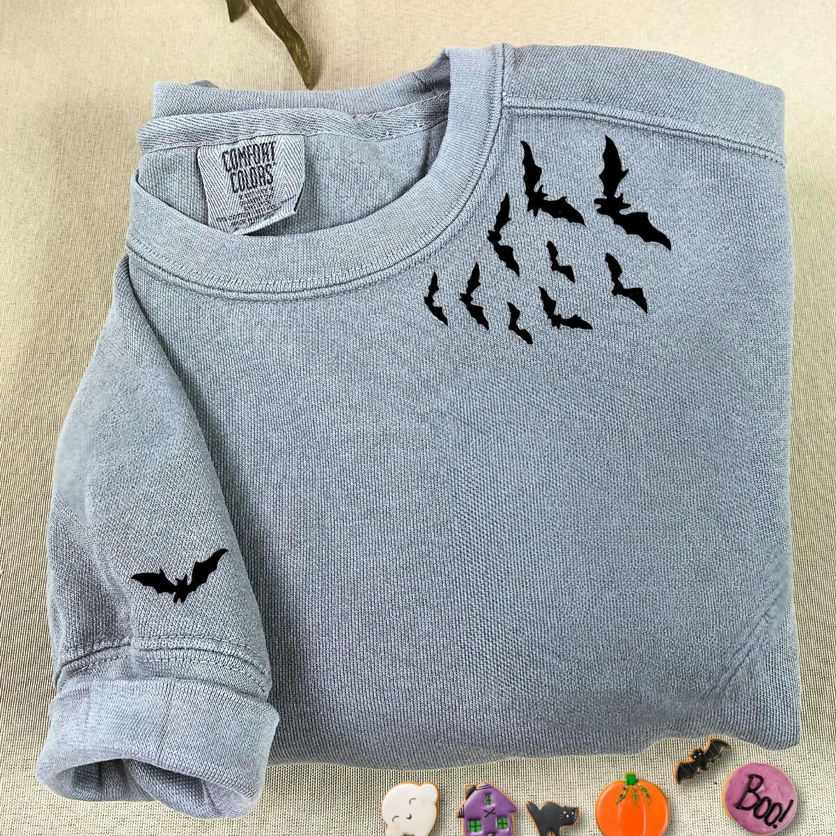 Comfort Color® Embroidered Bats on Neckline Halloween T-Shirt or Sweatshirt
