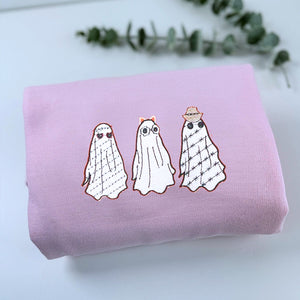 Embroidered Halloween Crewneck, Three Ghost Sweatshirt for Women Men