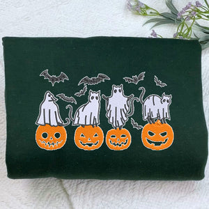 Embroidered Halloween Crewneck with Pumpkin, Bats, Cats Ghost Sweatshirt, Hoodie