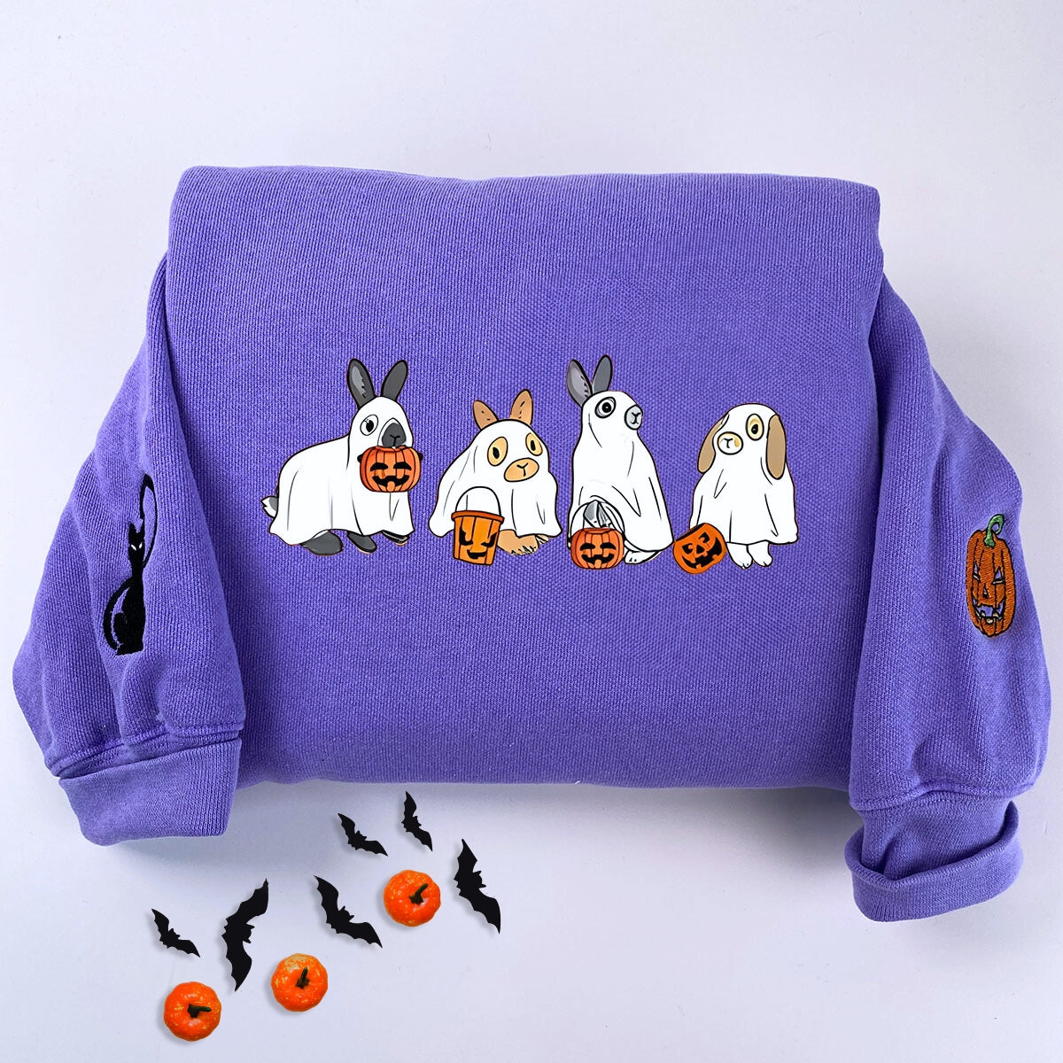 Comfort Color® Embroidered Cute Rabbit Ghost Halloween T-Shirt or Sweatshirt - Embroly