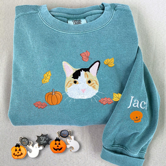 Comfort Colors® Custom Embroidered Halloween Cat Portrait T-Shirt or Sweatshirt