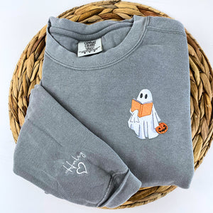 Comfort Color® Embroidered Halloween Ghost Book Lover T-Shirt or Sweatshirt - Embroly