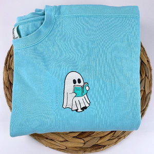 Comfort Color® Embroidered Halloween Ghost Book Lover T-Shirt or Sweatshirt - Embroly