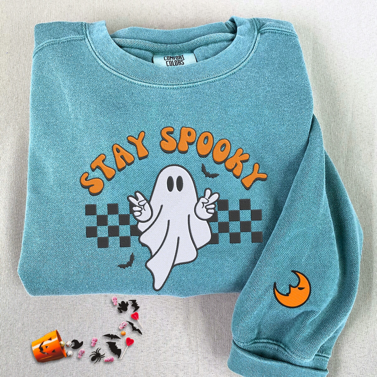 Comfort Color® Embroidered Ghost Stay Spooky Halloween T-Shirt or Sweatshirt - Embroly