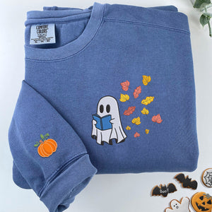 Comfort Color® Embroidered Halloween Ghost Book Lover T-Shirt or Sweatshirt - Embroly