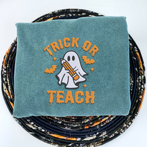 Comfort Color® Embroidered Trick or Teach Halloween T-Shirt or Sweatshirt - Embroly