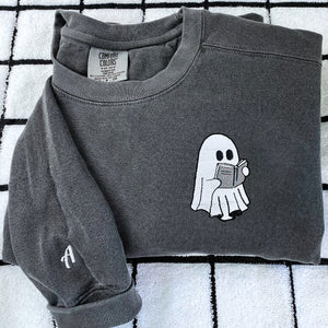 Comfort Color® Embroidered Halloween Ghost Book Lover T-Shirt or Sweatshirt - Embroly