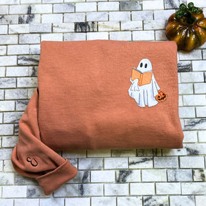 Comfort Color® Embroidered Halloween Ghost Book Lover T-Shirt or Sweatshirt