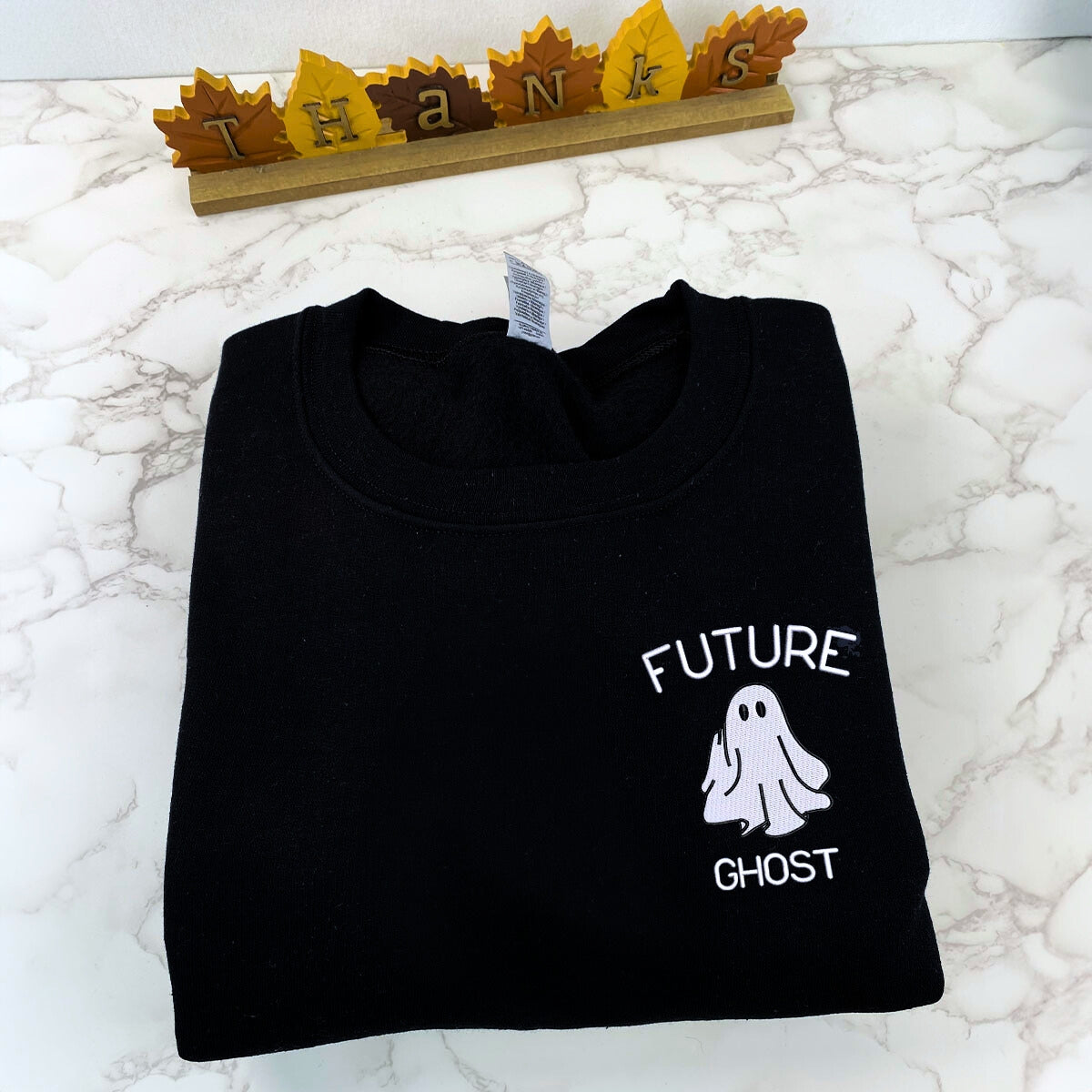 Future Ghost Sweatshirt Funny Halloween Hoodie with Embroidered on Pocket Bat on Sleeve