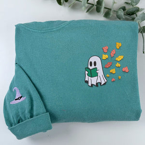 Comfort Color® Embroidered Halloween Ghost Book Lover T-Shirt or Sweatshirt - Embroly