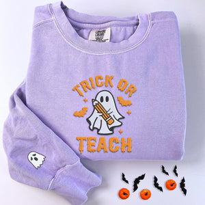 Comfort Color® Embroidered Trick or Teach Halloween T-Shirt or Sweatshirt - Embroly