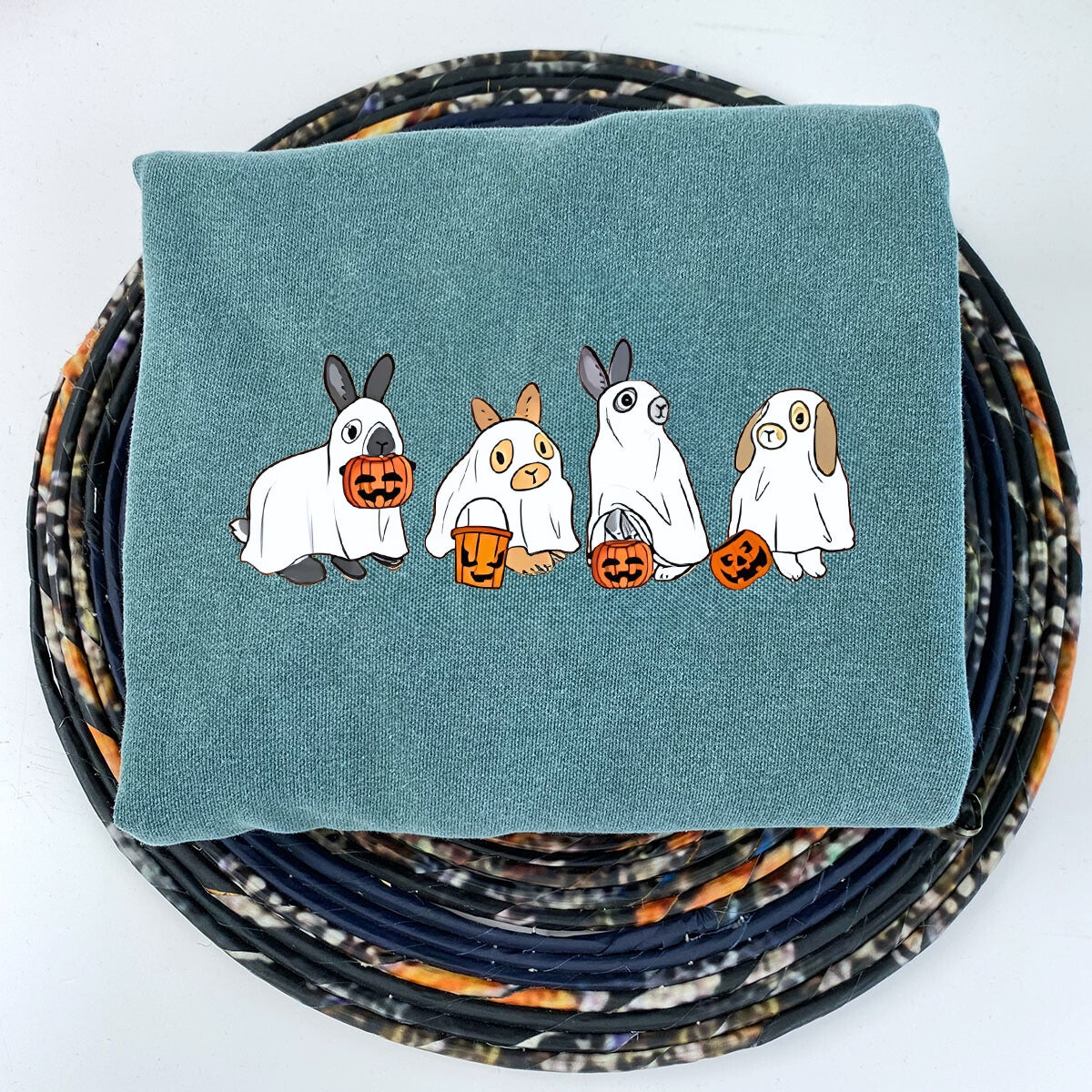 Comfort Color® Embroidered Cute Rabbit Ghost Halloween T-Shirt or Sweatshirt - Embroly