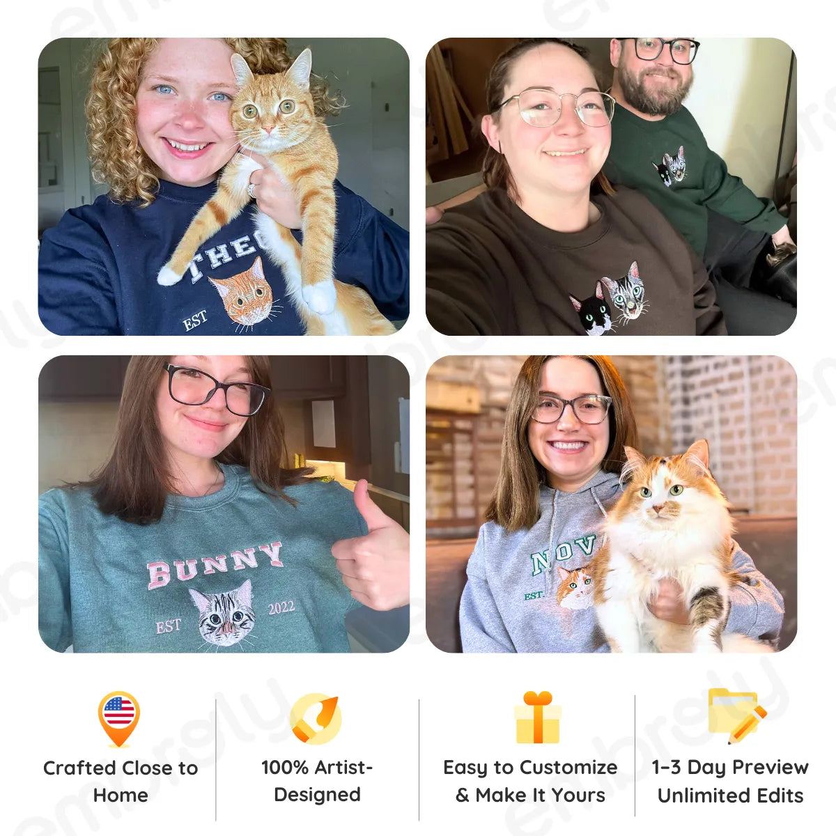 Custom Embroidered Varsity Cat Face Sweatshirt from Photo, Personalized Gift for Cat Lover