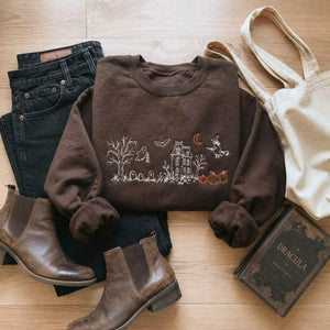 Haunted Manor Sweatshirt, Embroidered Halloween Crewneck, Gothic Autumn Pullover