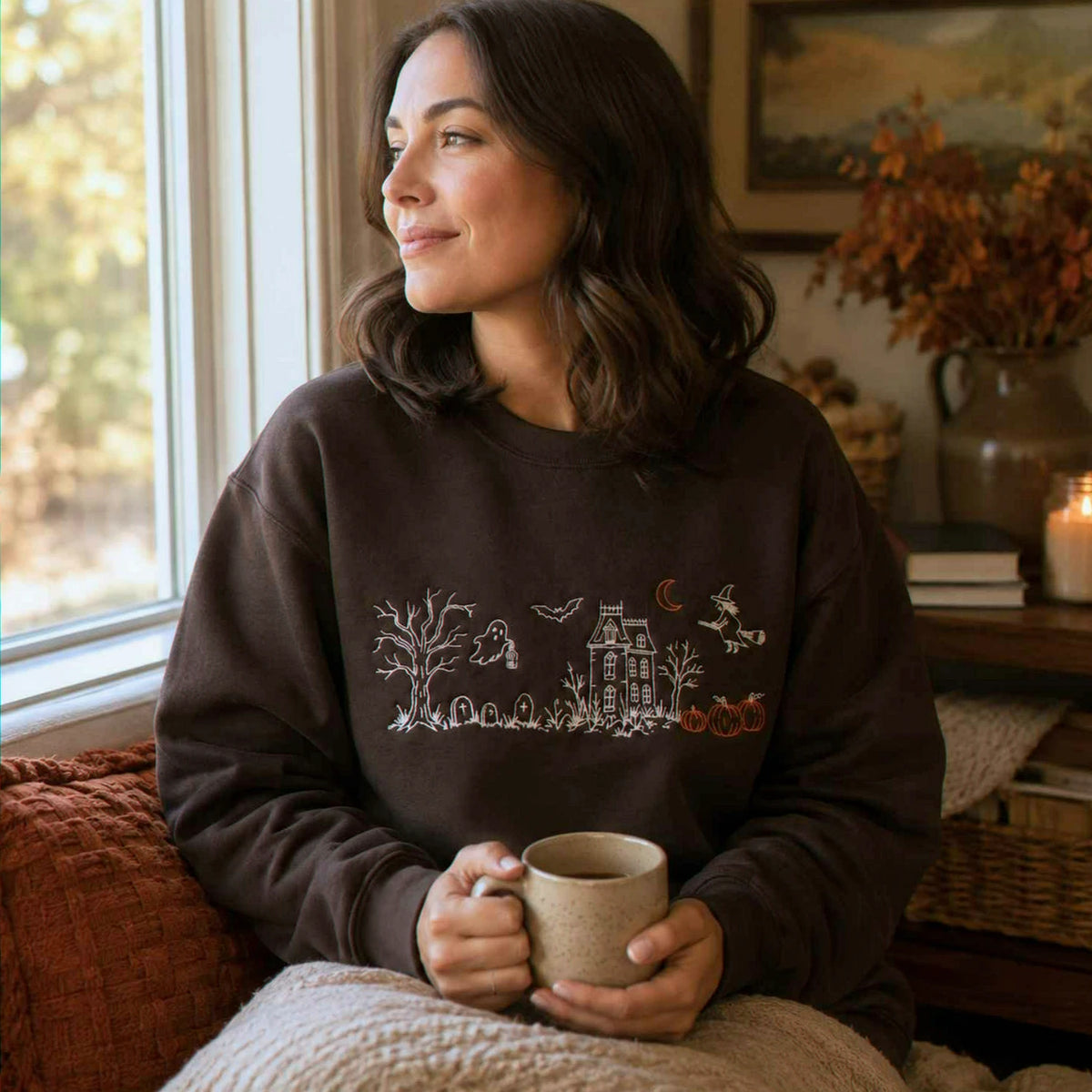 Haunted Manor Sweatshirt, Embroidered Halloween Crewneck, Gothic Autumn Pullover