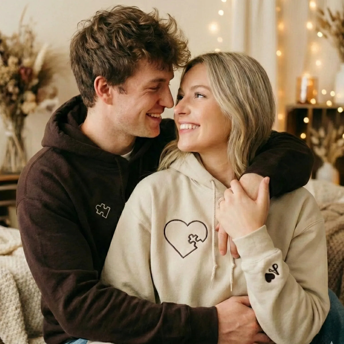 Heart Puzzle Hoodie or Sweatshirt, Custom Embroidered Valentine Gift For Wife Husband